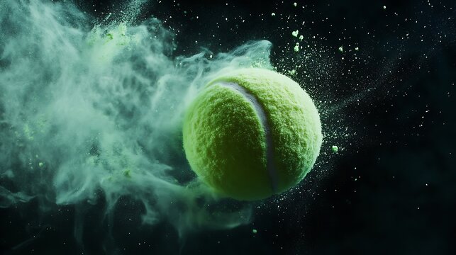 Serene motion frame of a floating tennis ball dissolving into a magical mist of diffused light green powder against black