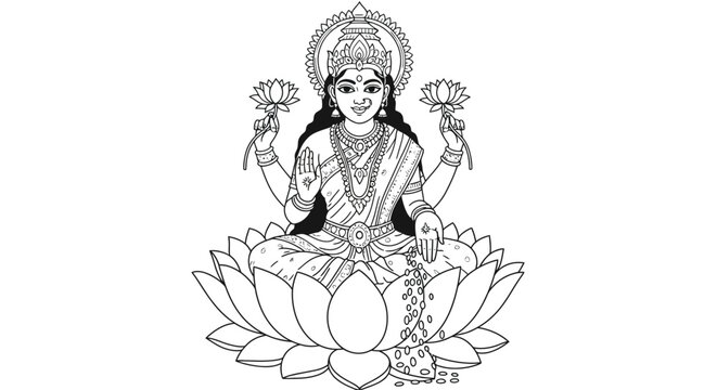 Hindu Goddess Lakshmi Wealth and Prosperity Deity Holding Lotus Flower Simple Line Art Coloring Page Illustration