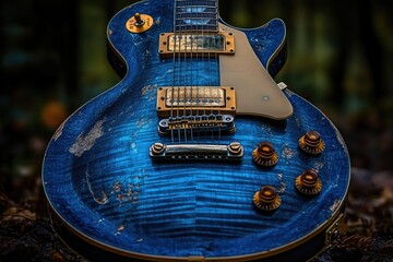 A blue guitar exhibits wear, its golden details gleaming in nature's soft light