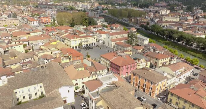 Aerial view of the church of Santa Restituta, a religious building in Sora. It is a town in Lazio, Italy, in the province of Frosinone.