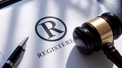 Registered trademark symbol on document, gavel and pen nearby, symbolizing legal protection, intellectual property, and business registration