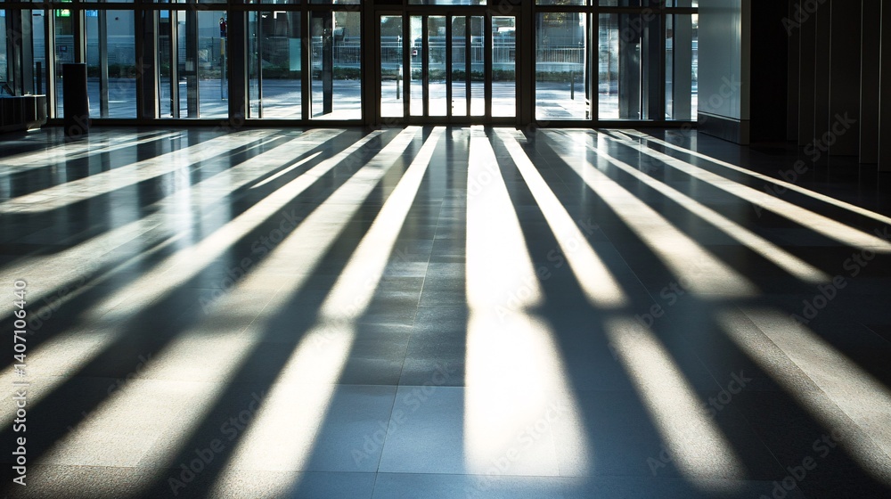 Poster Sunlight creating shadows on empty office floor by glass doors