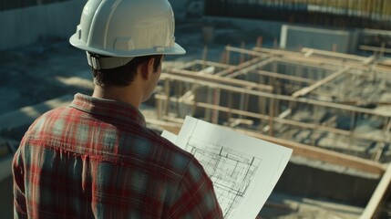 Construction worker checking construction blueprints on site. Featuring blueprint analysis and site preparation