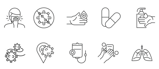 Simple Set of Coronavirus Safety Related Vector Line Icons. Contains such Icons as Washing Hands, Outbreak Map, Man and Woman Wearing Face Mask and more. Editable Stroke.