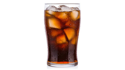 Close up of Icy Brown Carbonated Drink in Glass Against White Background