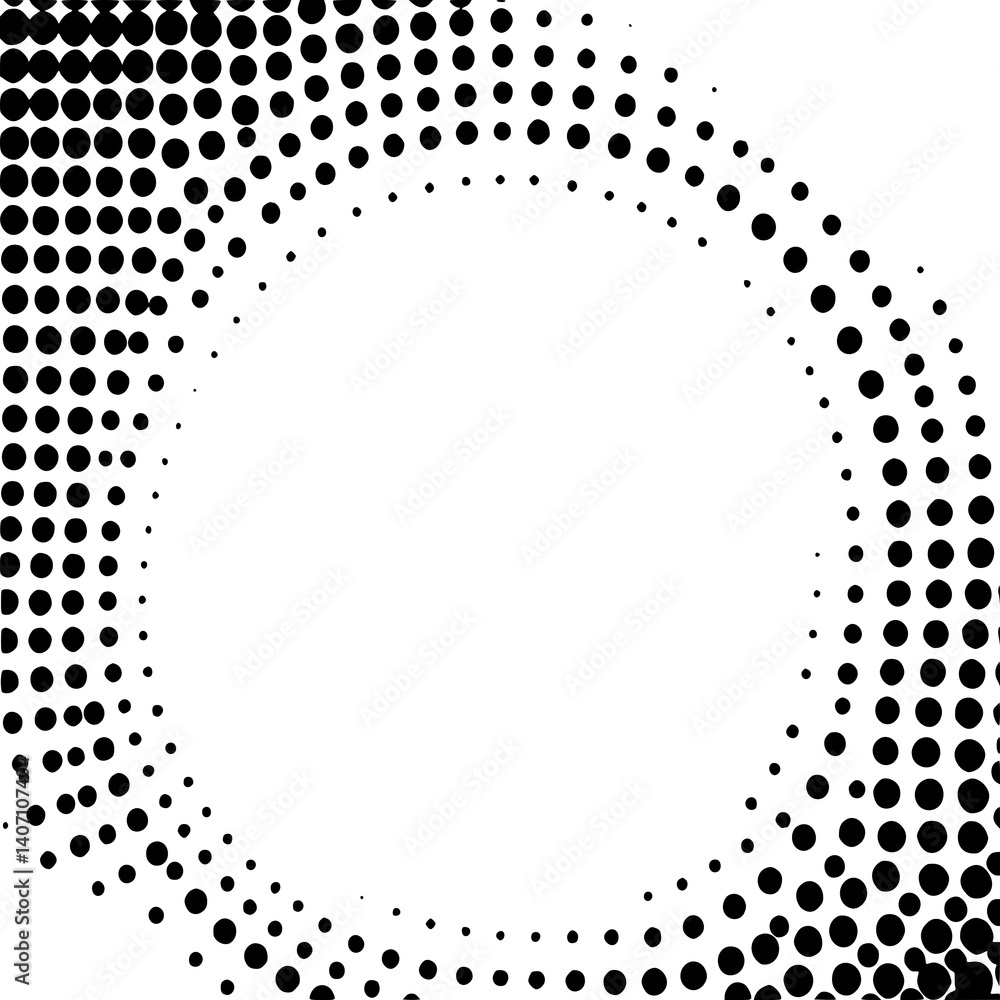 Poster circular halftone pattern: an abstract design featuring a swirling pattern of black halftone dots ag
