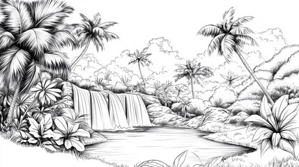 Tropical Waterfall with Palms