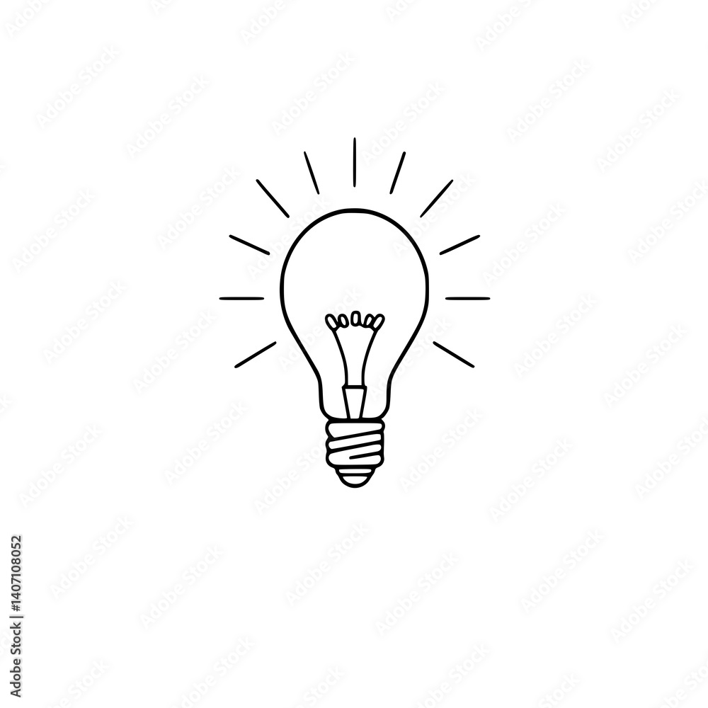 Poster glowing lightbulb sketch: a minimalist line drawing of a lightbulb with radiating rays. the image re