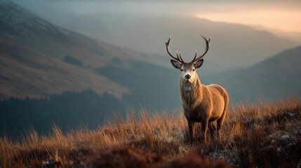 Majestic red deer stag stands proud on Scottish highlands.