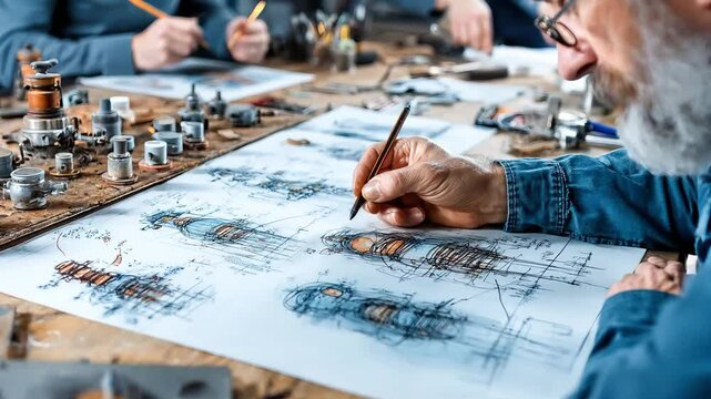 Product designers work together on innovative mechanical concepts, sketching 3D models and refining ideas surrounded by industrial prototypes, in creative workshop environment on precision engineering