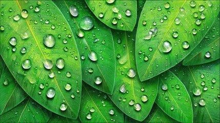 Closeup of Vibrant Green Leaves with Water Droplets