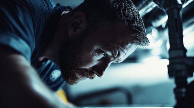 Plumber repairing a drainpipe under the sink. Featuring plumbing solutions