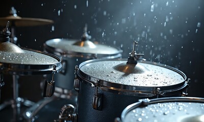 Obraz premium Silver drums appearing to melt and reform, cymbals with mercury-like droplets frozen mid-splash