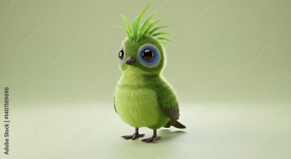 Poster whimsical green fuzzball: a playful bird character on a gradient backdrop