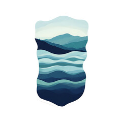 A stylized graphic design showcases a tranquil ocean landscape with layered mountains and waves in soft teal and blue tones.