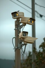 Close up image of some surveillance cameras on a pole.