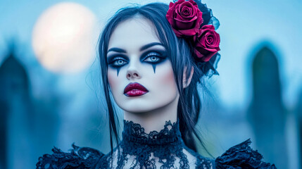 Gothic cosplayer wearing red roses and black lace posing in a cemetery at dusk