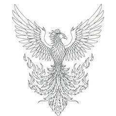 Fototapeta premium Legendary Phoenix Bird Rising Majestically From Consuming Flames With Large Wings Spread Wide and Feathers Ablaze