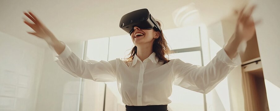 Businesswoman wearing vr headset interacting with virtual reality in office