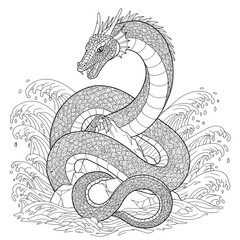 Obraz premium Massive Sea Serpent Monster Coiled Tightly Around a Jagged Ocean Rock Amidst Large Crashing Waves Offshore