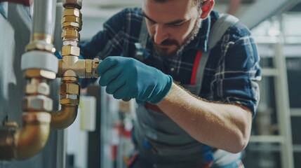Plumber repairing water pipe in commercial building. Featuring plumbing repair and maintenance