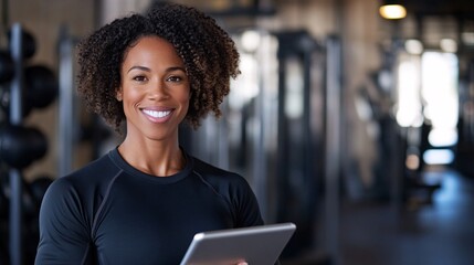 Smiling personal trainer holding digital tablet in gym
