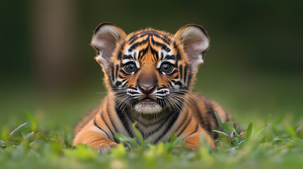 Obraz premium Expressive Sumatran Tiger Cub with Striking Eyes Resting in Green Grass with Soft Background