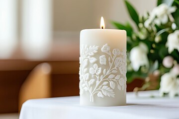 Baptism candle with child's name close-up 