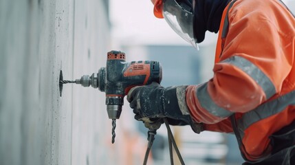 Laborer working with a pneumatic drill at a construction site. Featuring power and precision