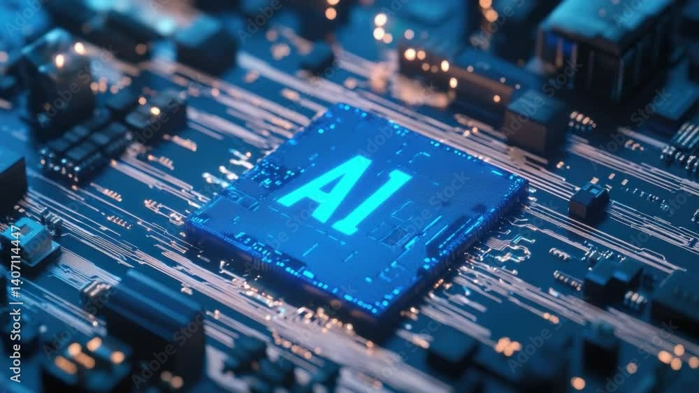 Poster futuristic computer circuit board with ai chip technology illuminated in blue light