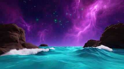 Fototapeta premium Landscape of alien planet with mystical skies and nebula concept. Breathtaking ocean view under a vibrant purple sky.