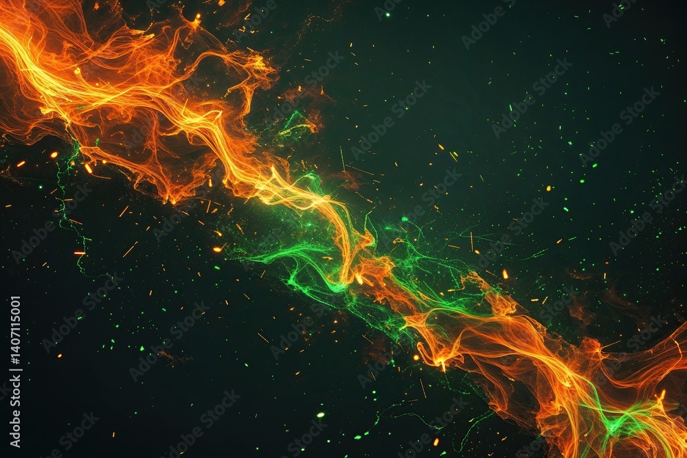 Poster dynamic abstract background with fiery orange and green sparks on dark canvas