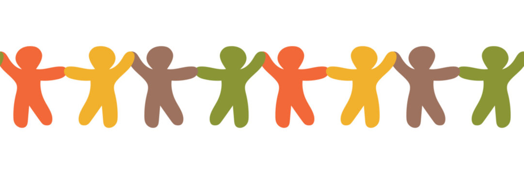 Vector illustration depicting a row of colorful abstract figures holding hands. Seamles border. Symbolizes unity, diversity, and community. 