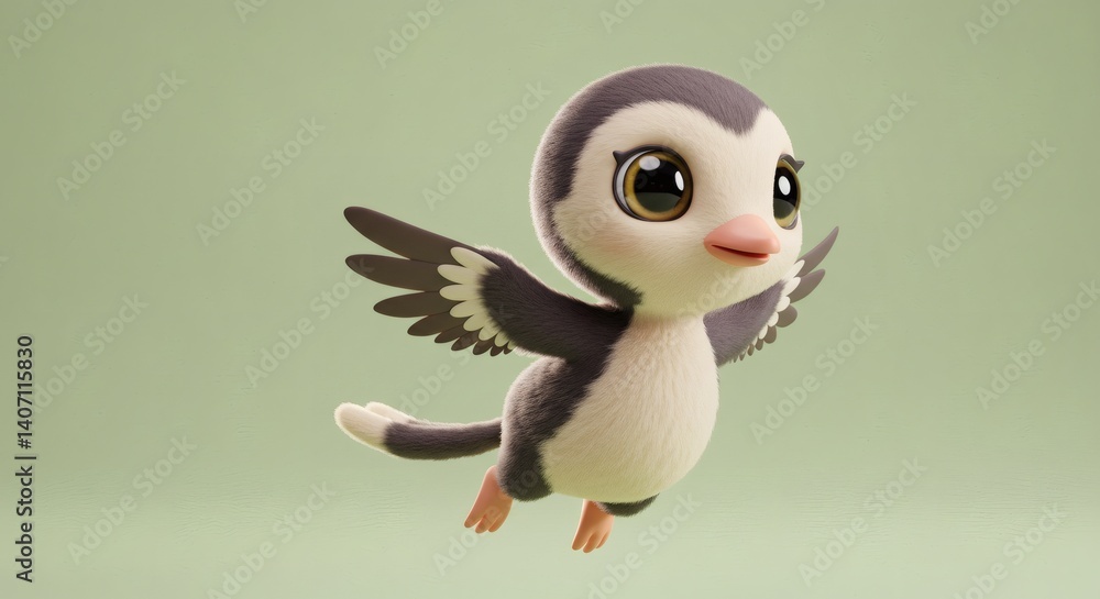 Poster adorable animated bird character soaring with joyful expression against green backdrop