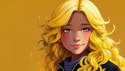 Striking Portrait of a Young Anime Girl with Curly Wavy Yellow Hair and Cute Features in a Cartoon Scene Vibrant and Alluring Illustration Captivates with Charm and Grace