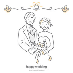 結婚式のカップル　シンプルでお洒落な線画イラスト