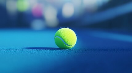 Concept-focused shot of a neon green tennis ball balanced perfectly on blue game field