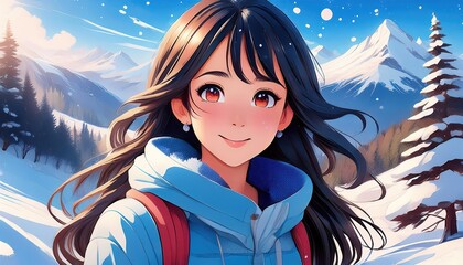 Enthralling Wintery Bliss Anime Girl Frolicking in a Snowy Wonderland, Showcasing Radiant Colors and Textures Amidst the Chilling Cold.