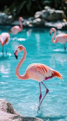 Fototapeta premium Wild african birds. Group birds of Greater african flamingos walking around the blue lagoon on a sunny day