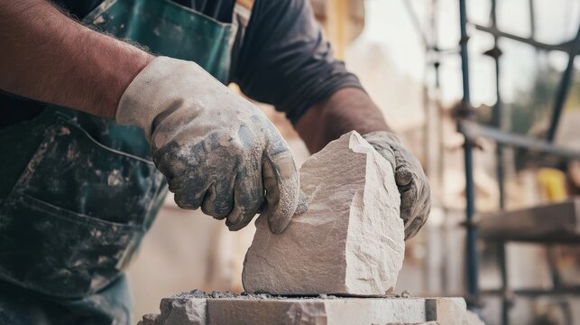 Masonry worker creating a stone façade for a building entrance. Featuring craftsmanship and architectural detail