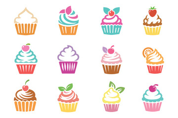 Cupcake Icons set, muffin logo. Vector colored illustration, Can be used as icon, sign or symbol