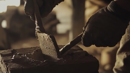 Masonry worker mixing mortar for brick laying. Featuring masonry techniques and craftsmanship