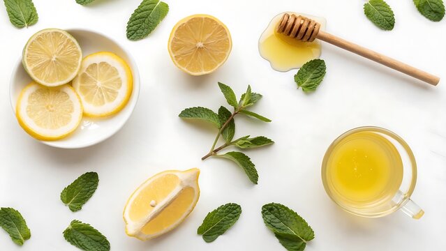 A fresh yellow lemon slice with green herbs and spices, a healthy citrus ingredient for food or tea - Powered by Adobe