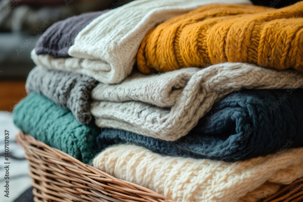 Poster warm, soft knitted blankets are neatly folded in a wicker basket, creating a cozy and inviting atmos