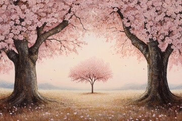 Serene park landscape with blooming cherry blossoms under a soft pink sky