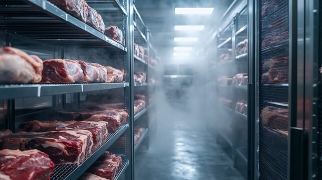 industrial cold storage warehouse with fresh raw meat neatly stacked on metal shelves in a chilled misty environment showing refrigeration and food processing conditions