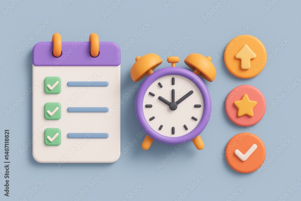 Poster time management icons: a collection of vibrant icons representing time management, scheduling, and t