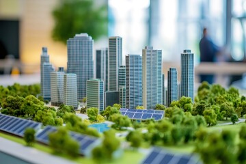 Fototapeta premium Scale model of a sustainable city integrating solar panels and green areas, highlighting eco conscious urban planning and renewable energy solutions