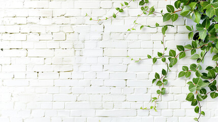 A white brick wall with green ivy growing out of it. The ivy is covering the wall and creating a natural, calming atmosphere
