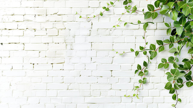 Fototapeta A white brick wall with green ivy growing out of it. The ivy is covering the wall and creating a natural, calming atmosphere